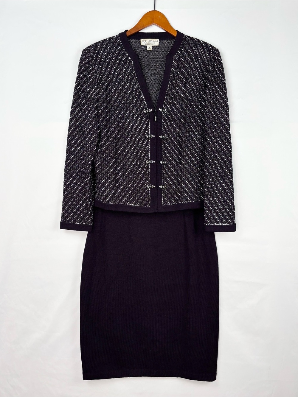 Vintage St John Evening Jacket Skirt Set Purple Size 14/16 Plus USA Zip Up